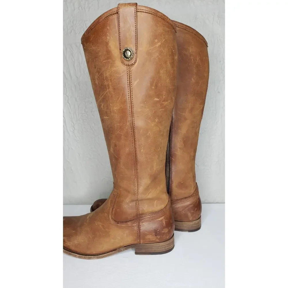 Frye Melissa Size 7B Button Inside Zip Tall Leather Boots Cognac Distressed